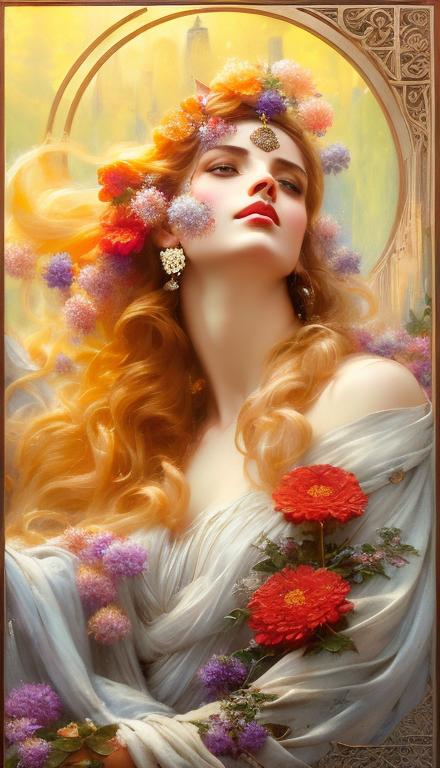 Prompt: portrait splash art of the goddess Persephone, detailed face, flowers,  long hair, feminine, pastel colors, friendly, elegant, highly detailed, intricate, smooth, chiaroscuro, sharp focus, artstation, digital painting, concept art, art by greg rutkowski, John William Waterhouse, D&D, fantasy, garden