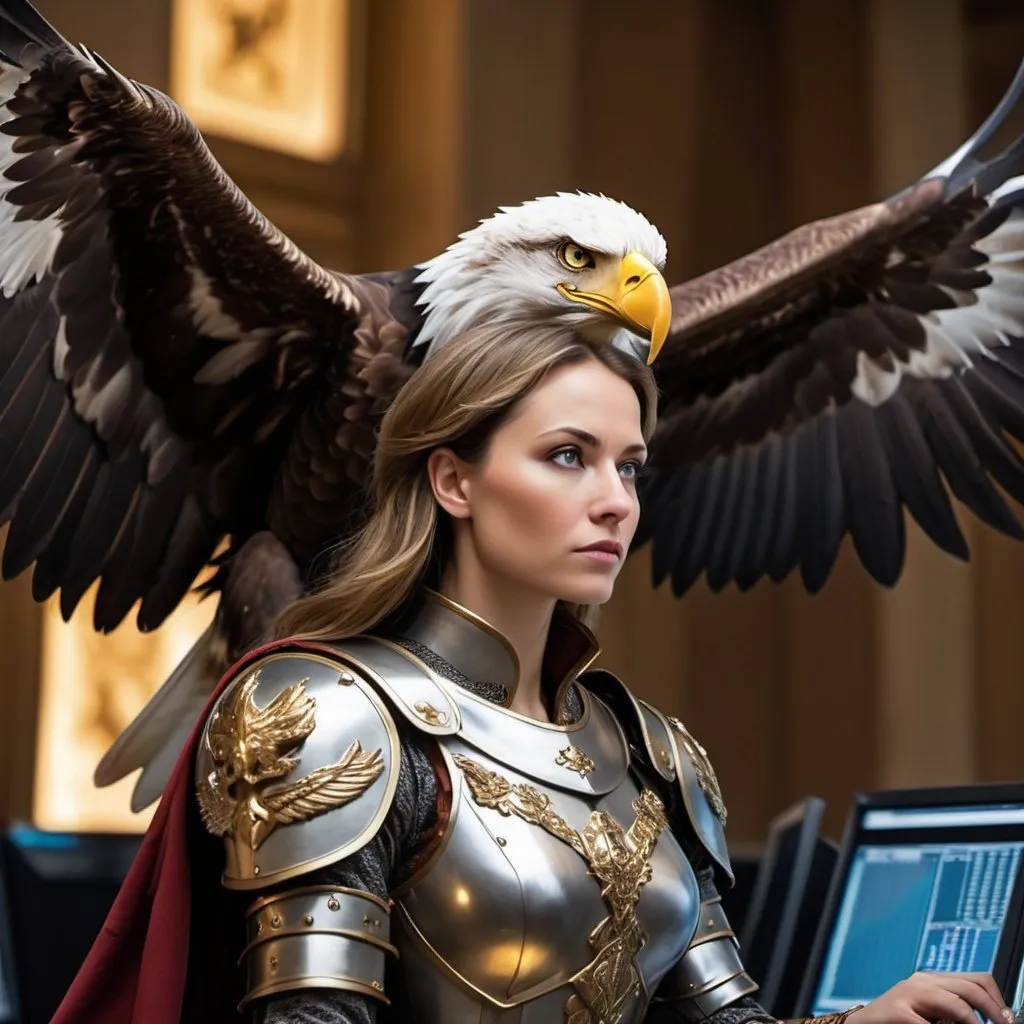 Prompt: Create a majestic eagle clad in imposing medieval armor, its wings outstretched at the ready as it intently watches multiple trading screens at its command post. With fierce concentration in her eyes, she executes strategic trades in the financial market, taking advantage of her agility and precision to ensure success. Each calculated move is like a mighty lunge as she masters market fluctuations with fearlessness and skill, showing that even kings on high can find fortune in modern finance.