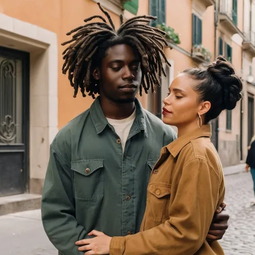 Prompt: A young black multi-dimensional artist with dreadlocks defies the boundaries of his environment and overcomes challenges to embody his purpose, while struggling to balance his ambition with his relationship with his afro-latina girlfriend, Celine.

The story is based in Milan
