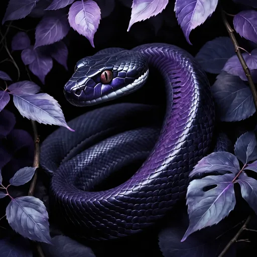 Prompt: Realistic black snake in the trees, violet-hued leaves, detailed scales, intense gaze, high-quality, realistic, realistic painting, dark tones, atmospheric lighting