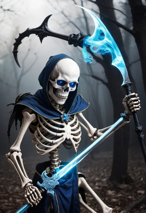 Prompt: A skeleton with a blue glowing eye fighting a jester with a scythe 