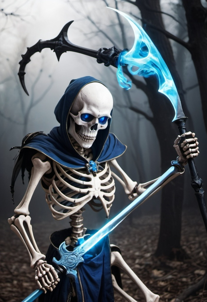 Prompt: A skeleton with a blue glowing eye fighting a jester with a scythe 