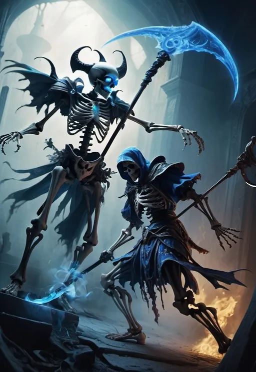 Prompt: A skeleton with a blue glowing eye fighting a jester with a scythe 