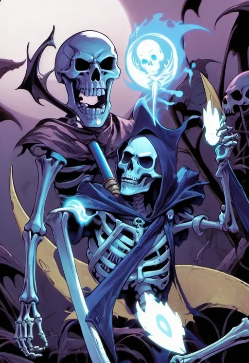 Prompt: A skeleton with a blue glowing eye fighting a jester with a scythe 