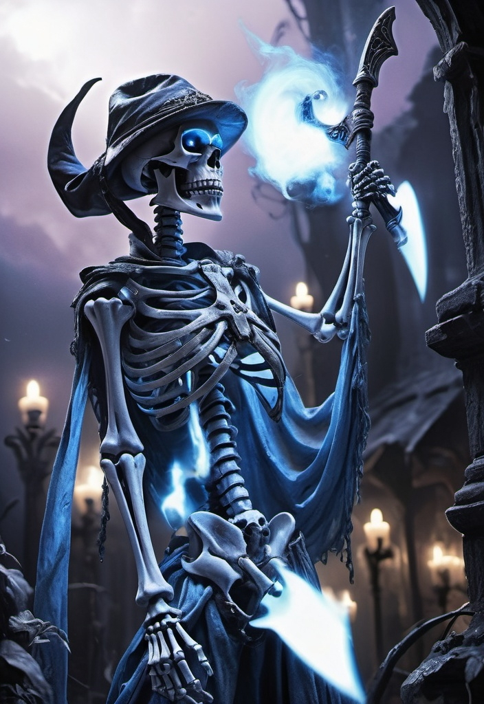 Prompt: A skeleton with a blue glowing eye fighting a jester with a scythe 