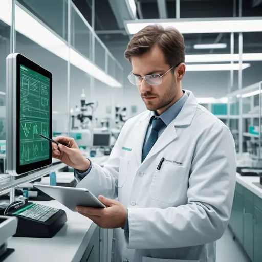Prompt: Here is an image designed in a style reminiscent of Siemens, illustrating the concept that "Testing is not finding bugs – testing is verifying the product according to specs":

In this Siemens-style depiction:

The left side of the image features an engineer in a lab coat and safety glasses, analyzing a product against a list of specifications on a digital tablet.
The right side shows a detailed checklist with green checkmarks next to each specification, symbolizing verification rather than bug finding.
The background is a clean, modern lab setting with Siemens branding elements, such as their color palette (predominantly blue and white) and sleek, high-tech design.
This visual representation emphasizes the importance of aligning testing practices with specified requirements, highlighting the verification aspect rather than merely identifying defects.