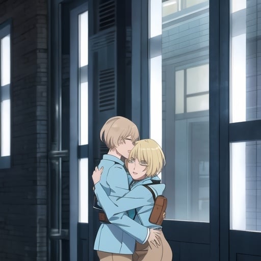 Prompt: A man wearing a light blue jacket with short blond hair stands, and a woman with a brown hair hugs him i