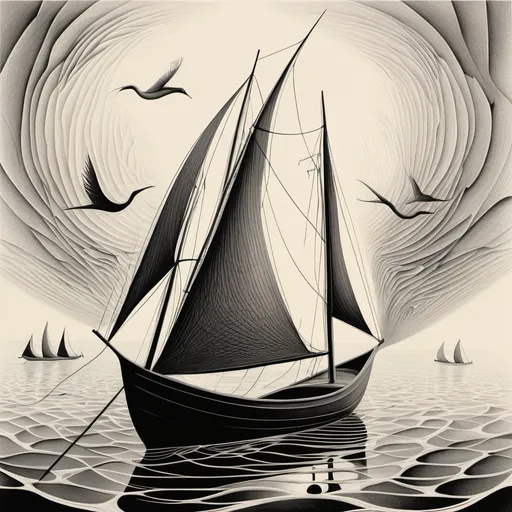 Prompt: Inspire the drow of Escher and Salvador Dali, make a minimalist boat saling in a fingerprint
