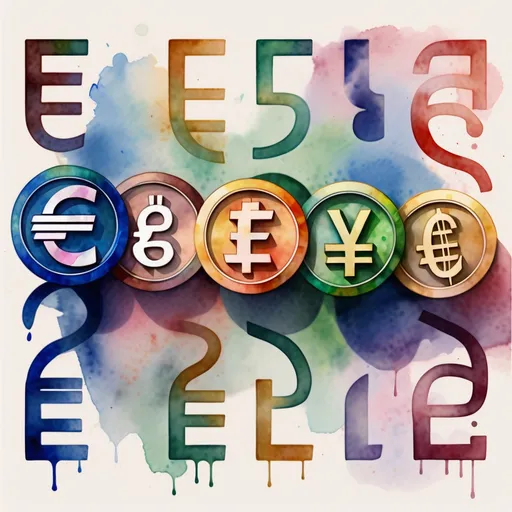 Prompt: digital watercolor painting, currency symbols like dollar, euro, yen, ruppia, austral, libra, in line like a piano board