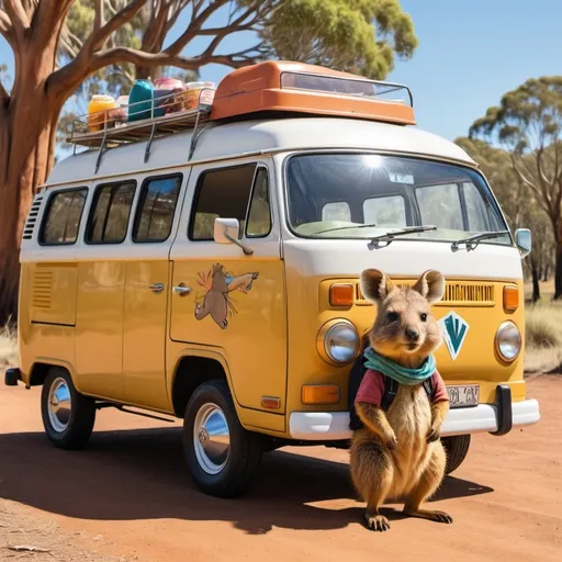 Prompt: "Generate an illustration of a quokka and a kangaroo sitting inside a colorful, vintage camper van. The quokka and kangaroo are dressed in travel outfits, with the quokka wearing a small backpack and the kangaroo sporting sunglasses and a travel hat. The van should be depicted with both the side and back parts visible, showing the quokka and kangaroo through the open windows. The outside view should feature a vibrant Australian landscape with sunny skies, lush greenery, or outback scenery in the background. Inside the van, include travel accessories such as a map, snacks, and travel gear."



