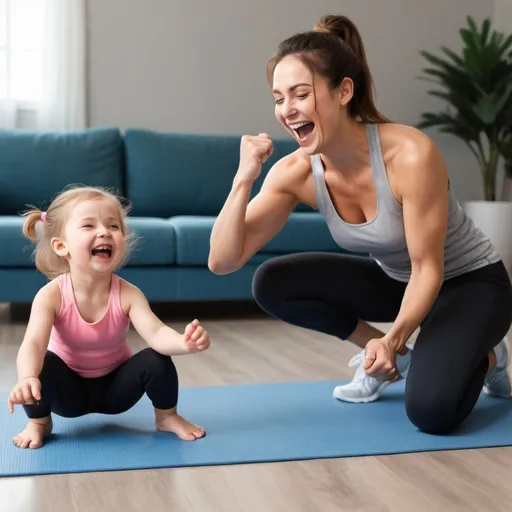Prompt: A mom and daughter working out laughing realistic 