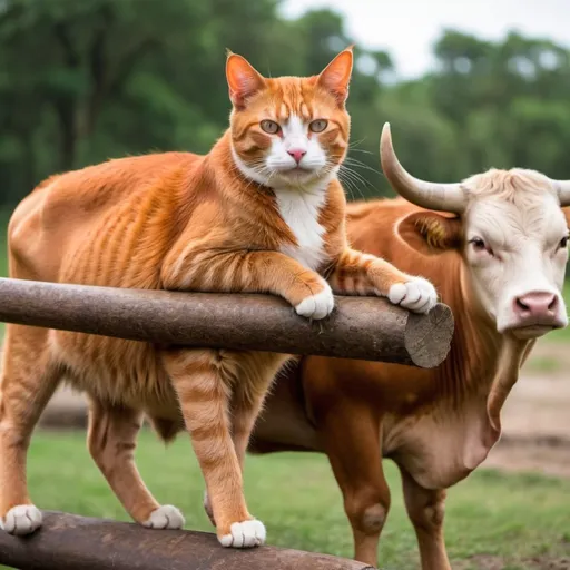 Prompt: A red cat sitting on an oxen, aka bovine 