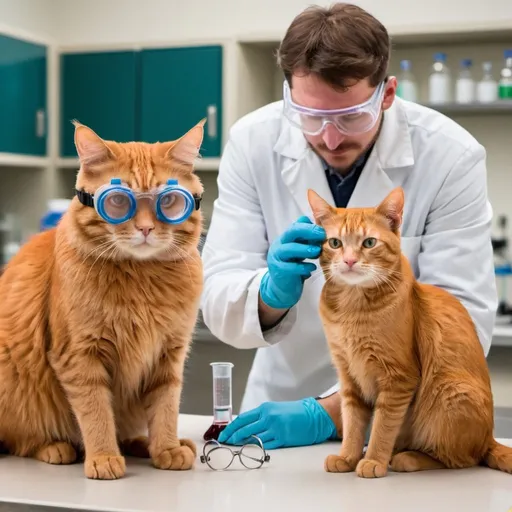 Prompt: A red cat sitting on an ox in a chemistry lab. Both have safety goggles on.