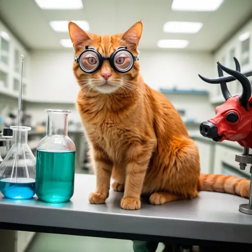 Prompt: A red cat sitting on an ox in a chemistry lab. Both have safety goggles on.