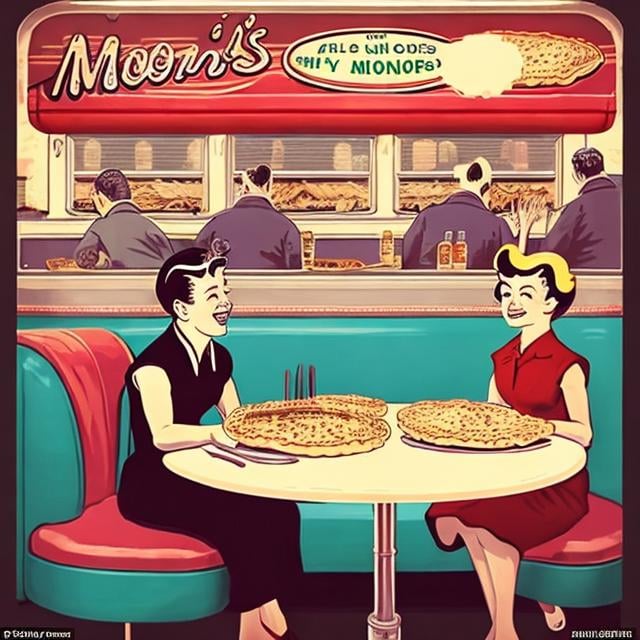 Prompt: a dinner named mo's, where you bite into a crunchy nibble of 2 pi pie first with every meal. The diner could be an old hand drawn ad from the 50s. Mo should be visibleat the counter and a young coyple can be seen happily enjoy8ng some 2 pi pie. Sigma orbitals are also on the menu