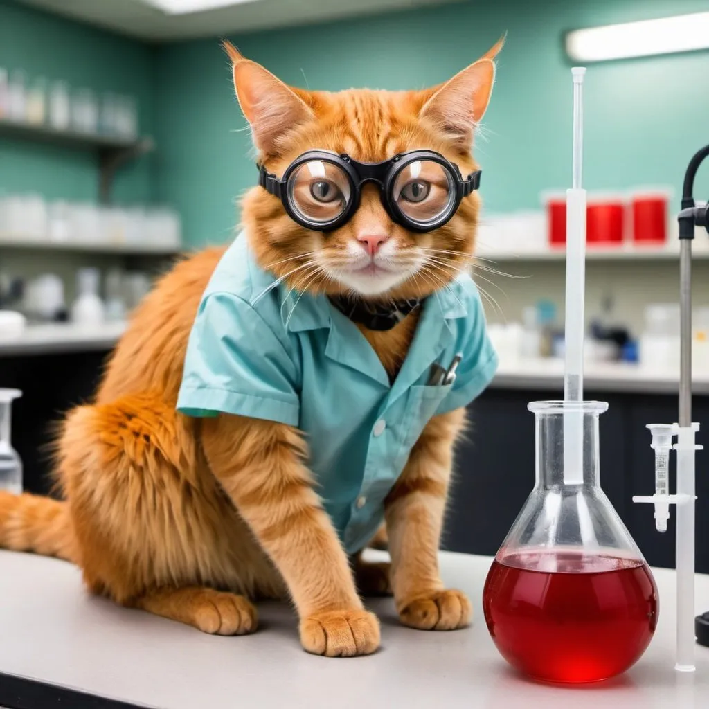 Prompt: A red cat sitting on an ox in a chemistry lab. Both have safety goggles on.