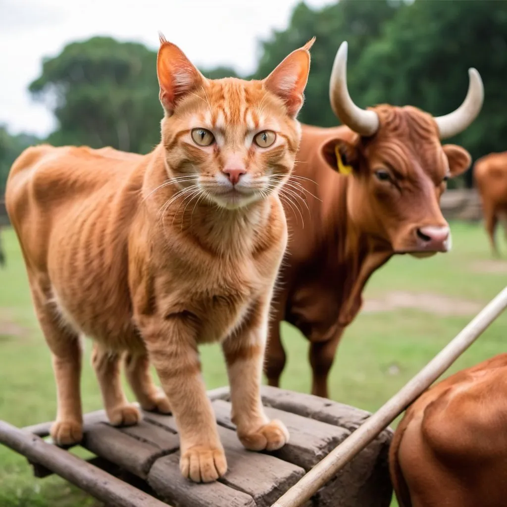 Prompt: A red cat sitting on an oxen, aka bovine 