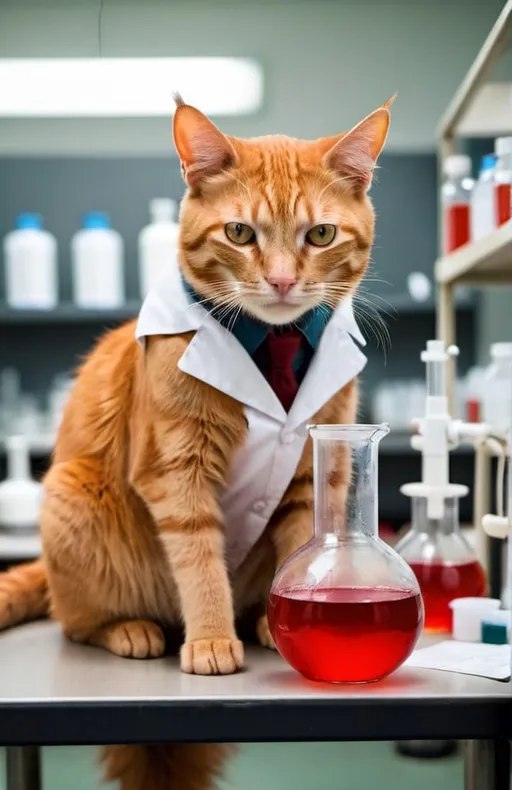 Prompt: A red cat sitting on an ox in a chemistry lab.