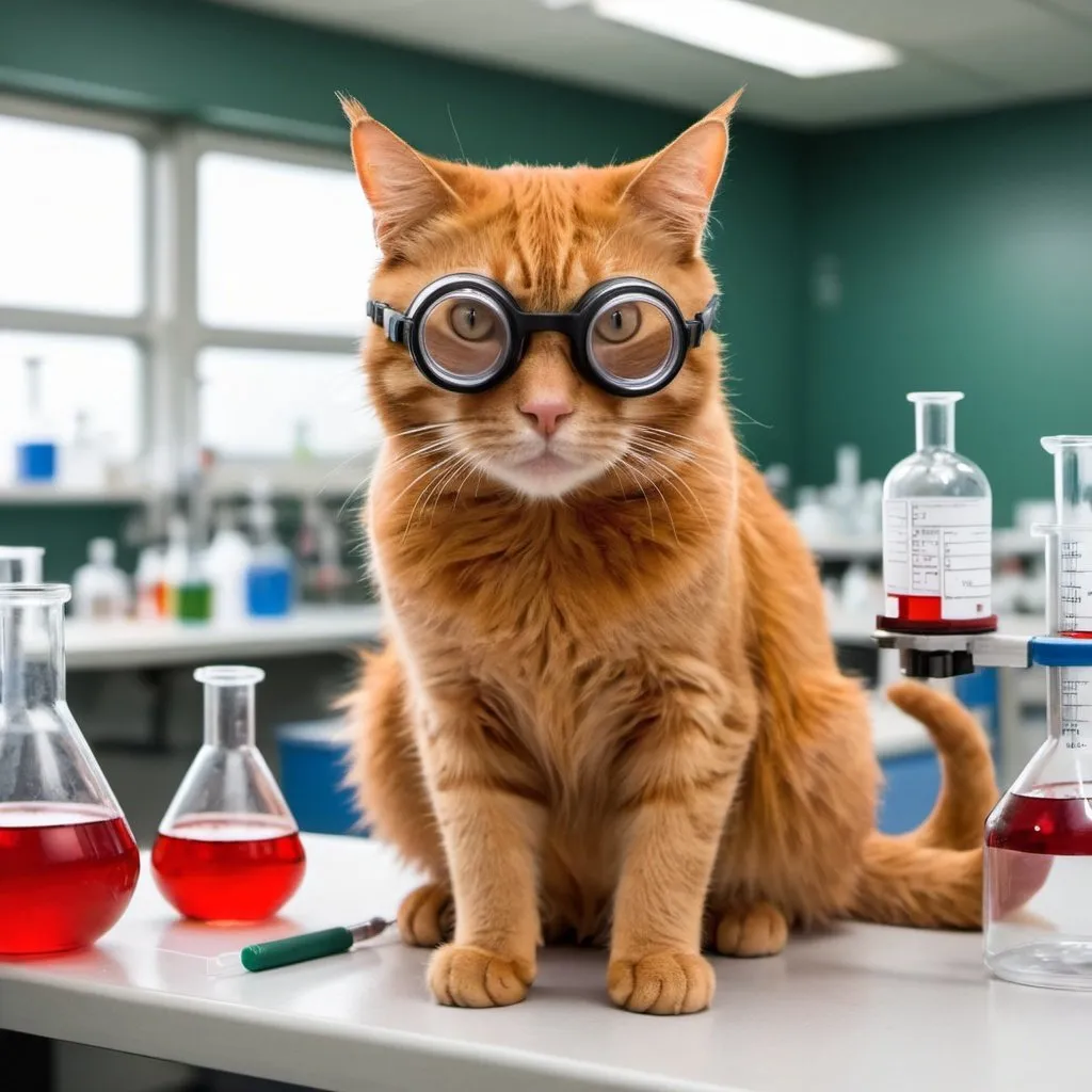 Prompt: A red cat sitting on an ox in a chemistry lab. Both have safety goggles on.