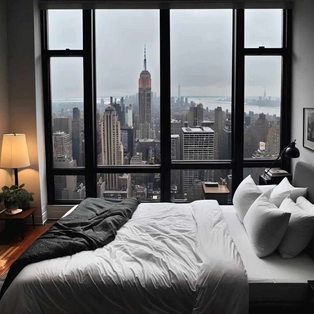 Prompt: Rainy weather, a bed and a nyc view 
In an apartment