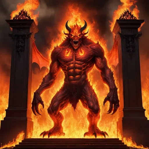 Prompt: a giant fire demon at the gates of hell with flames everywhere