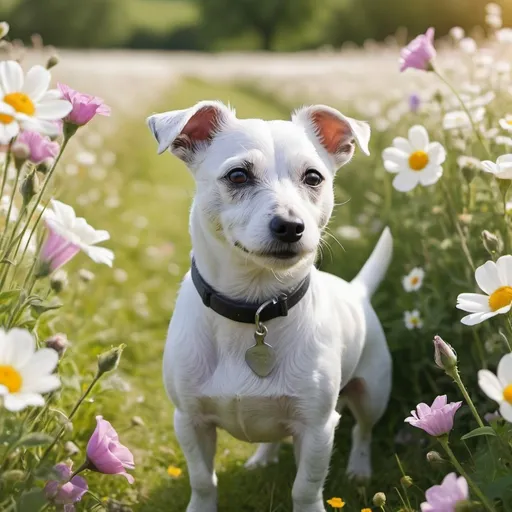 Prompt: Create a high resolution image of a white jack russell in a sunny field full of flowers