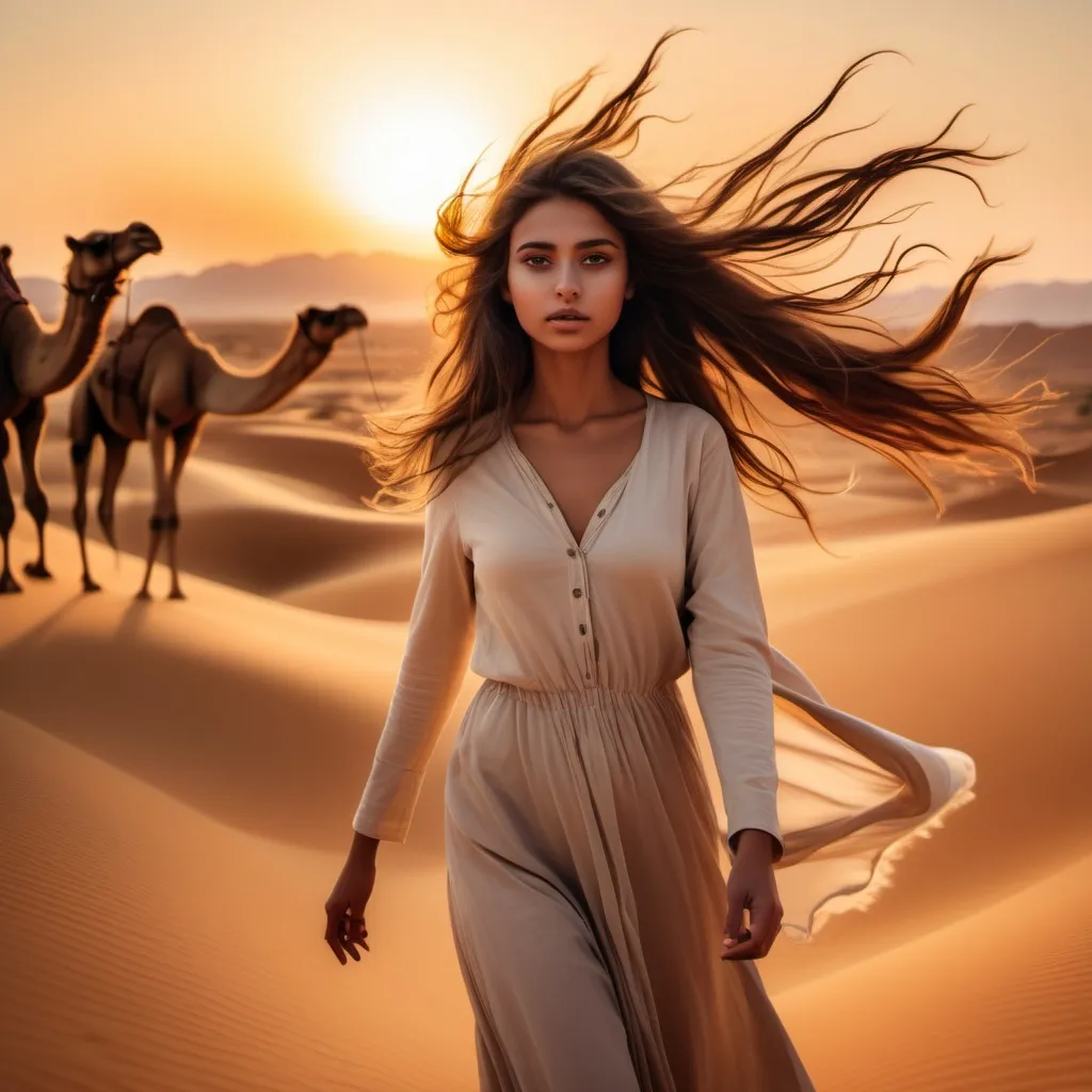 Prompt: A beautiful girl standing in a desert with flowing hair in the air, in background sun set is happening and 3 camel walking 
