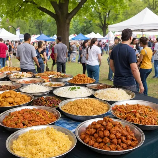 Prompt: Multicultural food at a festival in a park