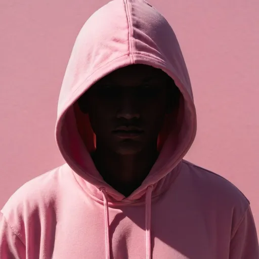 Prompt: Close up head shot of a hooded person in a pink hoodie where the shadow of the hood hides the face