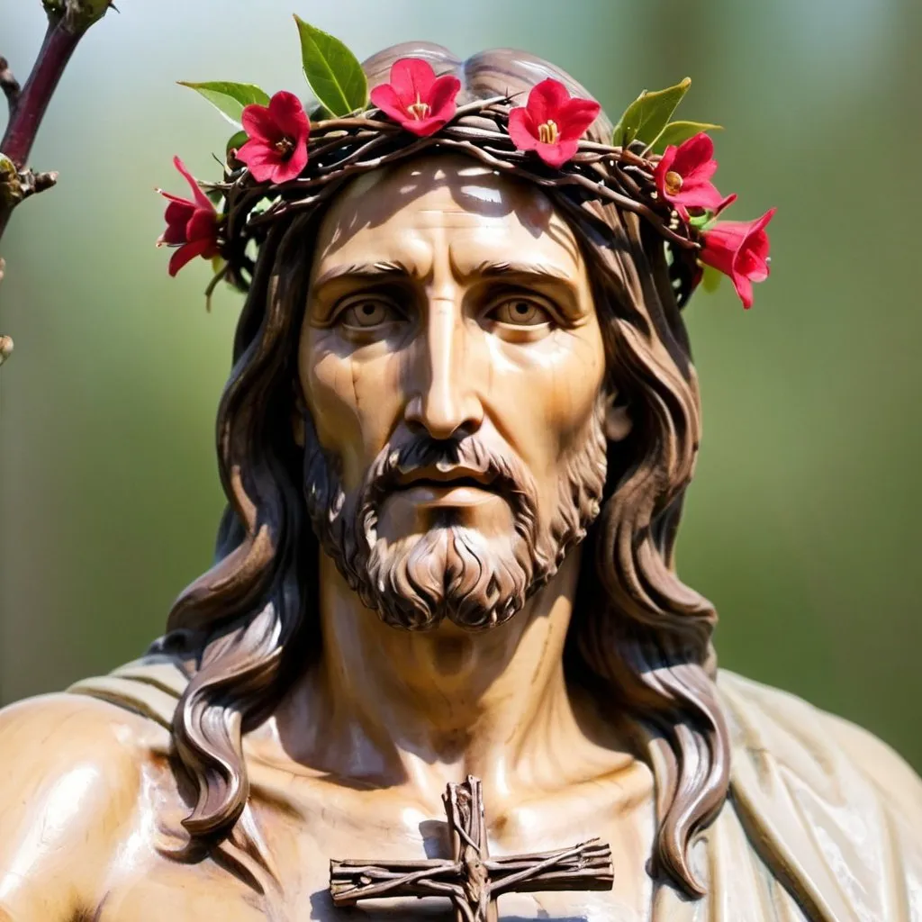 Prompt: Jesus Christ with Crown of thorns budding into flowers
