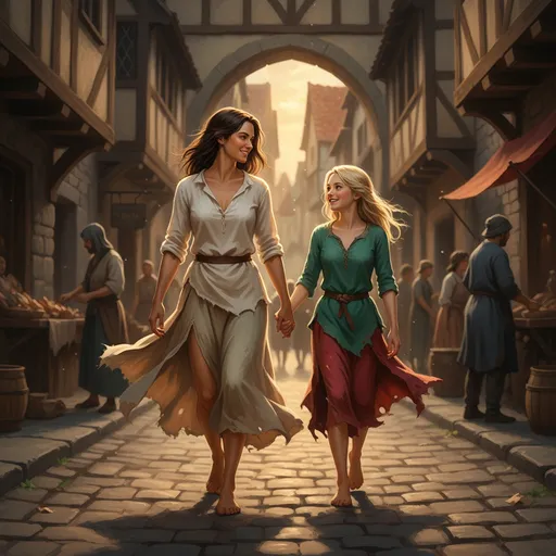 Prompt: Two young women walking hand in hand down a medieval street, full body view. 
They wear torn and worn medieval dresses, their fabric fluttering in the wind, showing the hardship of their lives. 
Hana: tall athletic brunette, in a ripped white blouse and a tattered long skirt. 
Ana: fragile blonde, smaller than Hana, in a torn green shirt and a ragged red skirt. 
Both are barefoot, their steps light and natural on the cobblestone street. 
Their faces glow with tenderness and love, radiating the dazzling beauty of poor young women who share a deep bond. 
The atmosphere is filled with emotion and quiet intimacy, as if the world around them disappears. 
Background: narrow medieval street, warm evening light, cinematic realism, painterly detail, highly detailed, photorealistic full body.