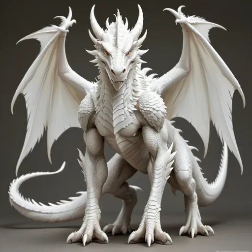 Prompt: un dragon blanco, de hocico largo y un poco cuadrado, cuerno que sobresalen desde la mandibula hasta la parte superior de la cabeza, cuello largo y una cresta de plumas hasta la cola, un cuerpo estilizado y robusto con alas muy grandes y garras en el pliegue, con una cola larga que termina en cuerno puntiagudo.