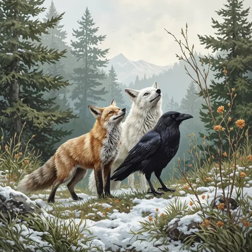 Prompt: un zorro rojo, un lobo blanco y un cuervo cazando juntos

