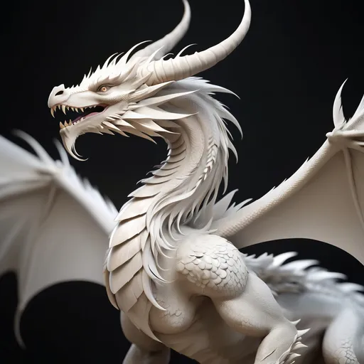 Prompt: un dragon blanco, de hocico largo y un poco cuadrado, cuerno que sobresalen desde la mandibula hasta la parte superior de la cabeza, cuello largo y una cresta de plumas hasta la cola, un cuerpo estilizado y robusto con alas muy grandes y garras en el pliegue, con una cola larga que termina en cuerno puntiagudo.