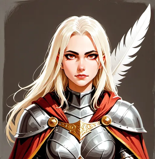 Prompt: digital art vibrant flat colors. Young woman wearing brown cape over silver plate metal armor. Portrait. She has almost white blonde hair that parted down the middle  straight , longer in the front than the back and red crimson eyes. Her skin is pale. Her feathers are strong and resilient she is smiling slightly