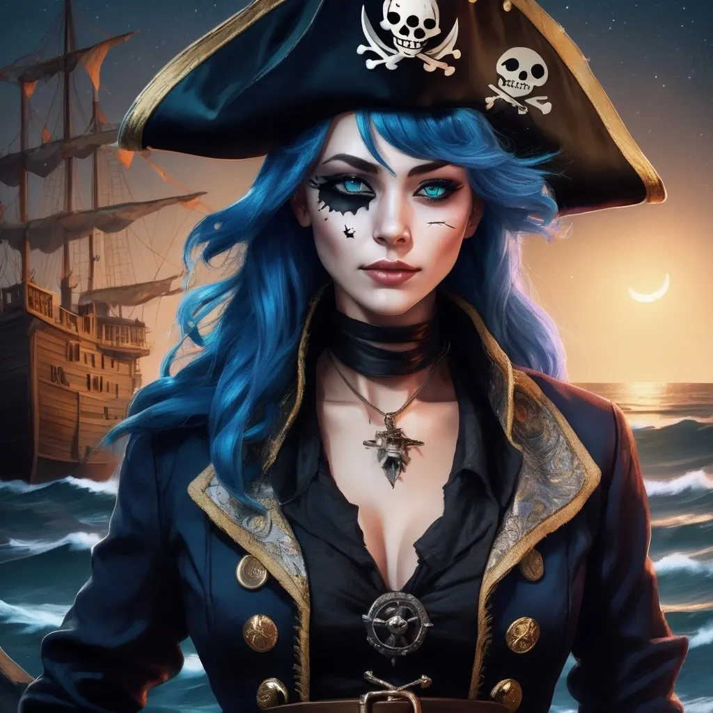 Prompt: A realistic digital art depiction of a woman with cat-like features. She has blue hair styled in a flowing manner, sharp feline teeth, and piercing cat eyes. She is dressed in a detailed pirate outfit, complete with a tricorn hat, an eye patch, and a stylish pirate coat. The setting is a fantastical pirate ship deck under a starry night