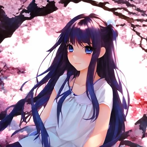 Prompt: Cute anime girl , dark hair, blueberry eyes,Sakura tree , a bit wind , wind play with her hair,