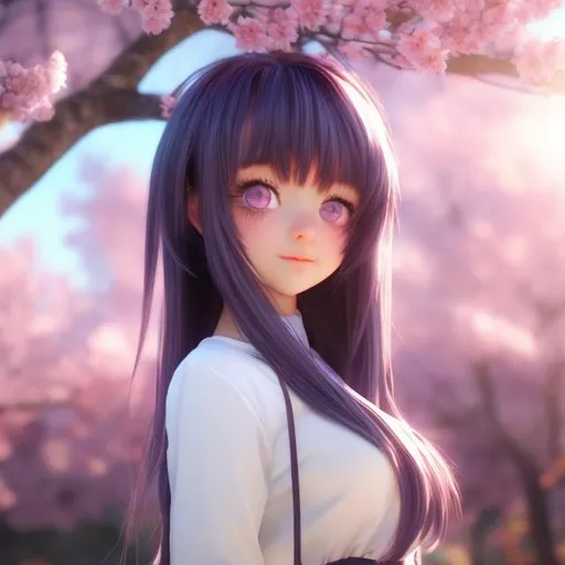 Prompt: Cute anime girl , dark hair, blueberry eyes,Sakura tree , a bit wind , wind play with her hair,ultra realistic 