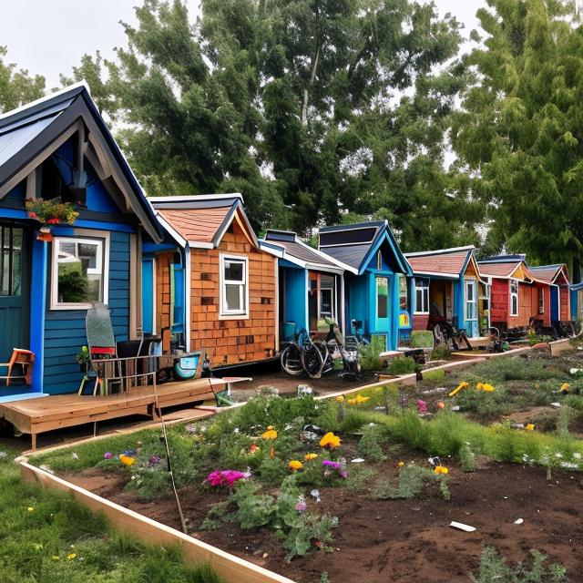 Prompt: A community of tiny homes built by homeless people with gardens in the center on the community along with a sustainable resource center and a park for the children.