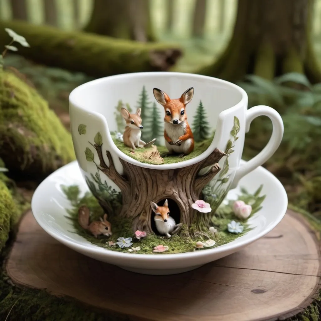 Prompt: A porcelain teacup with a spring theme and inside is a realistic world of woodland creatures in a forest.