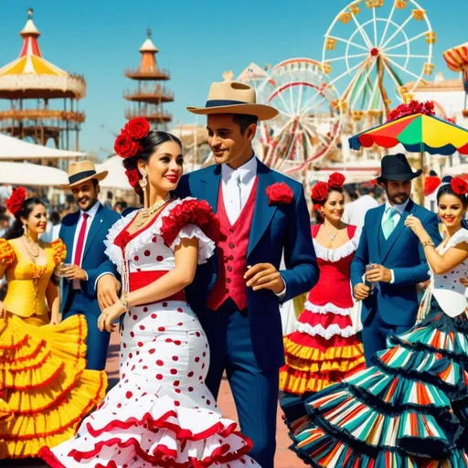 Prompt: mujer vestida de flamenca tradicional con volantes y lunares de blanco, rojo, y hombre con traje elegante tradicional en la feria de abril de sevilla, españa. fotografia