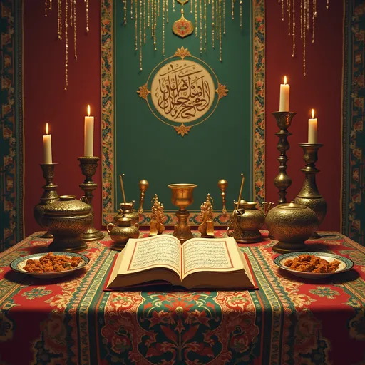 Prompt: یک کارت پستال می خوام برای تبریک سال نو ایرانی که در آن قرآن مجید - دیوان حافظ و سفره هفت سین ایران باستان وجود داشته باشد