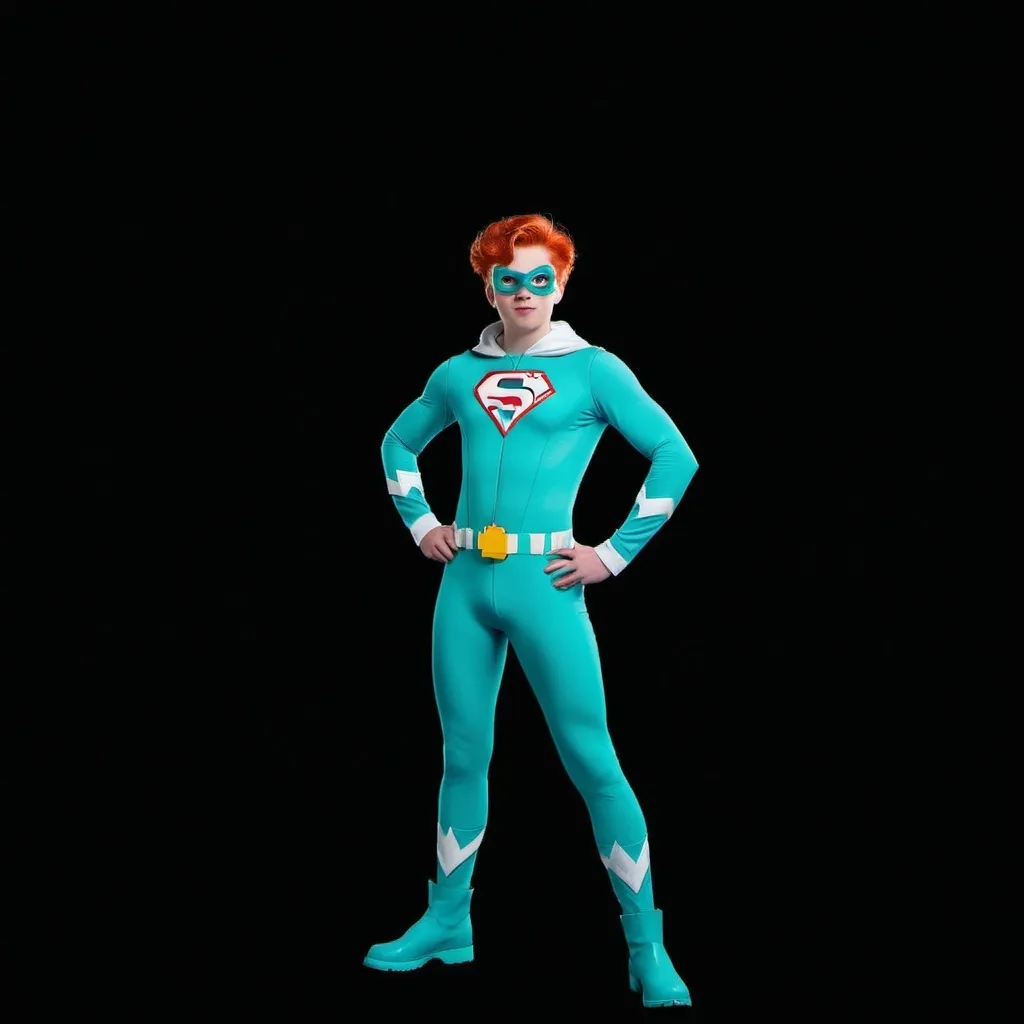 Prompt:  standing readhead teenager look like Meister Eder und sein Pumuckl  Wears a superhero suit no  cape in the colors of turquoise and white whole body image