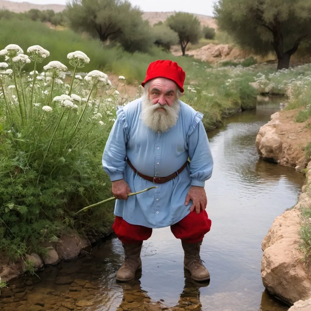 Prompt: An adult dwarf without a beard, dressed in light blue clothes and a red bonnet, standing  near  a stream under a white Daucus carota subsp in Israeli  kibbutz