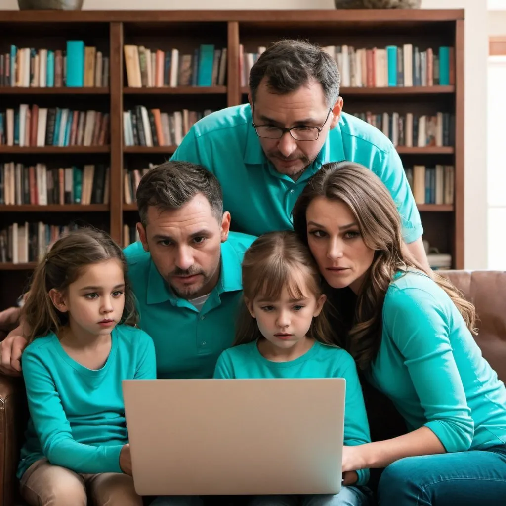 Prompt: A family watching together on a laptop dressed in turquoise behind a brown bookcase