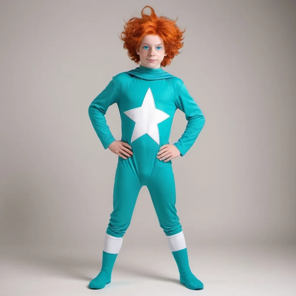 Prompt:  standing readhead teenager look like Meister Eder und sein Pumuckl  Wears a superhero suit no  cape in the colors of turquoise and white whole body image