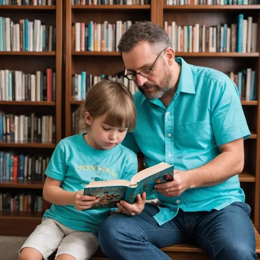 Prompt: A parent dressed in a light blue shirt reading a book for a child dressed in a turquoise shirt on the background of a bookcase