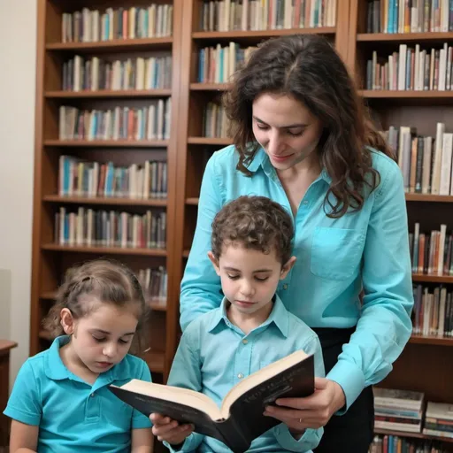 Prompt: israeli parent dressed in a light blue shirt reading a book for a child dressed in a turquoise shirt on the background of a bookcase