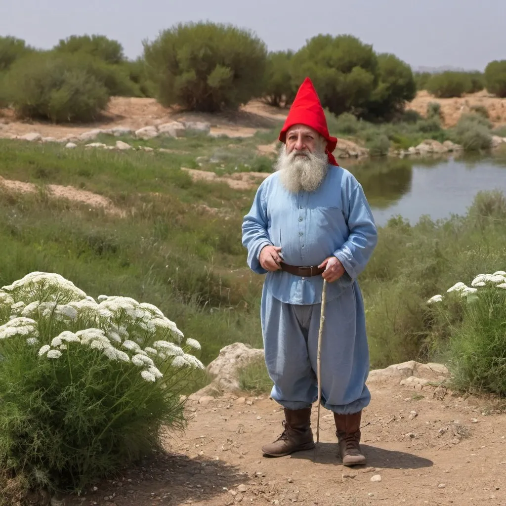 Prompt: An adult dwarf without a beard, dressed in light blue clothes and a red bonnet, standing on streamr bank  near   a white Daucus carota subsp in   kibbutz