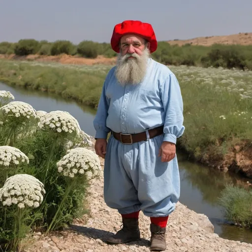 Prompt: An adult dwarf without a beard, dressed in light blue clothes and a red bonnet, standing on streamr bank  near   a white Daucus carota subsp in   kibbutz